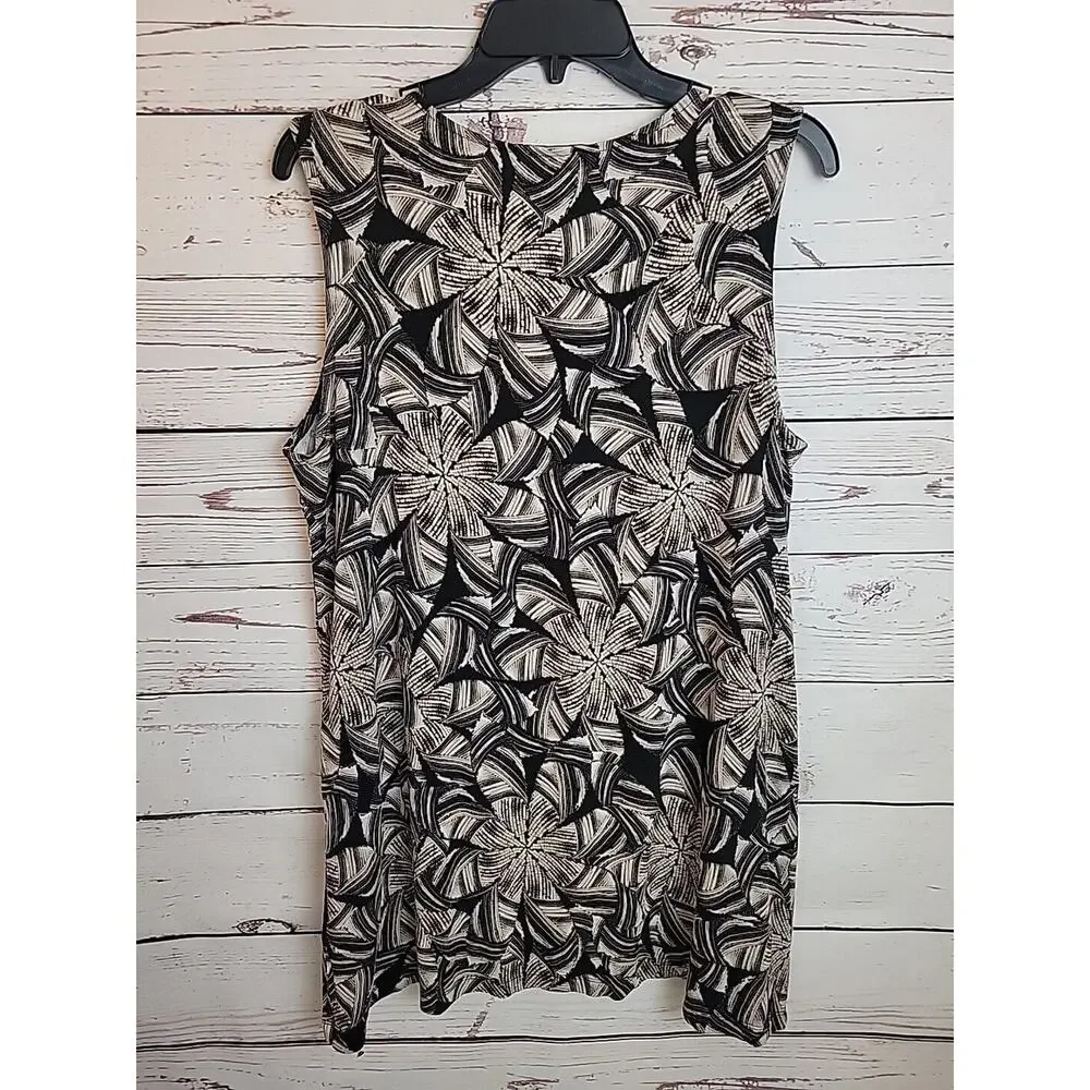 CJ Banks Black Geometric V-Neck Criss Cross Hem Sleeveless Top Size X (14W)‎
